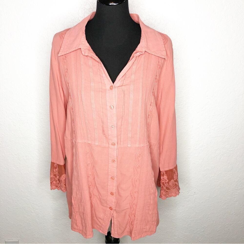 Soft Surroundings coral orange lace sleeve button down tunic top Extra‎ Large XL